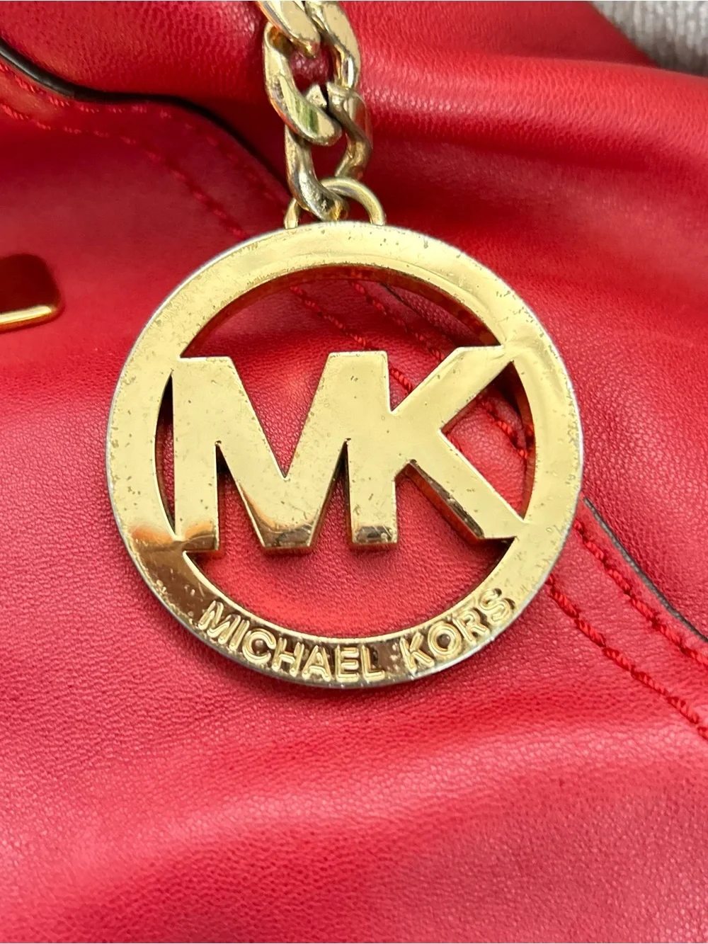 Michael Kors Red Leather Hobo Shoulder Bag with Gold Accents